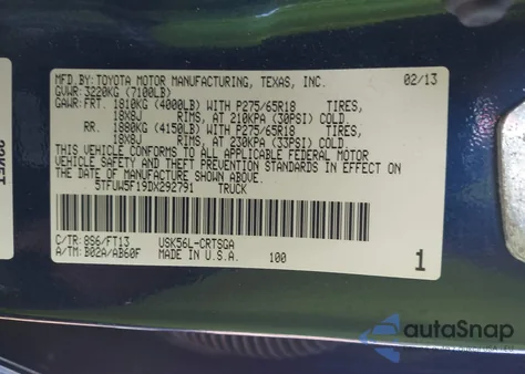 2013 Toyota Tundra Grade 5.7L V8 из США, поврежденный, VIN 5TFUW5F19DX292791